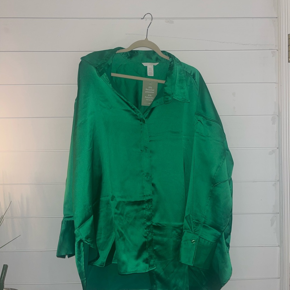 Satin green button down shirt !